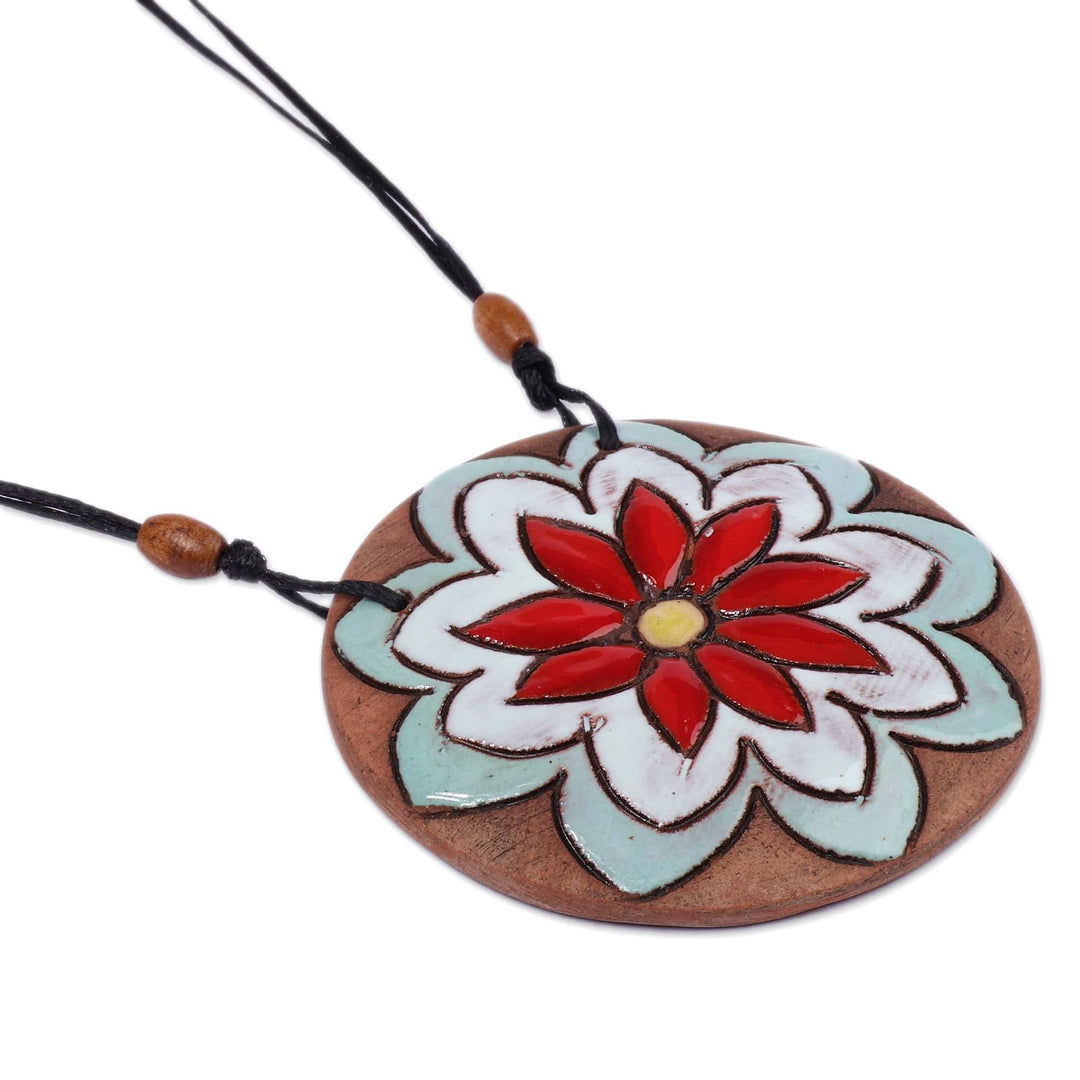 Mint and Red Flower Ceramic Pendant Necklace from Armenia - Petals in Mint