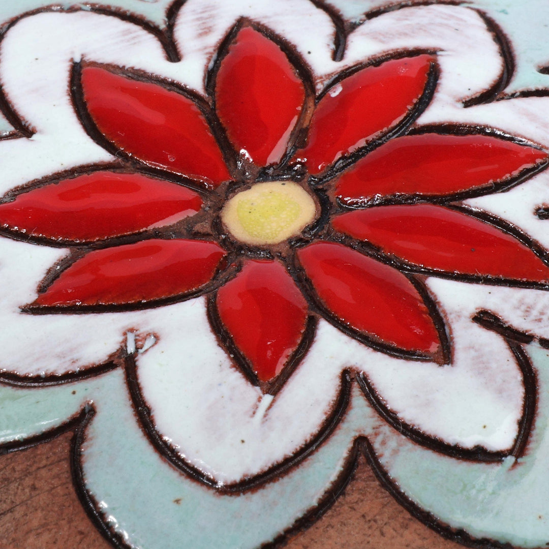 Mint and Red Flower Ceramic Pendant Necklace from Armenia - Petals in Mint