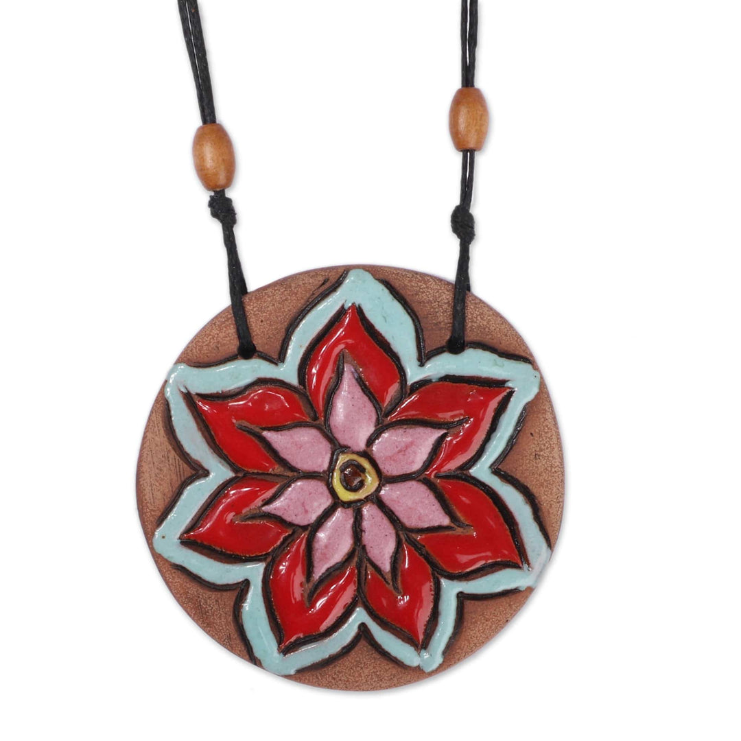 Spring-Themed Handmade Ceramic Pendant Necklace from Armenia - Petals in Spring