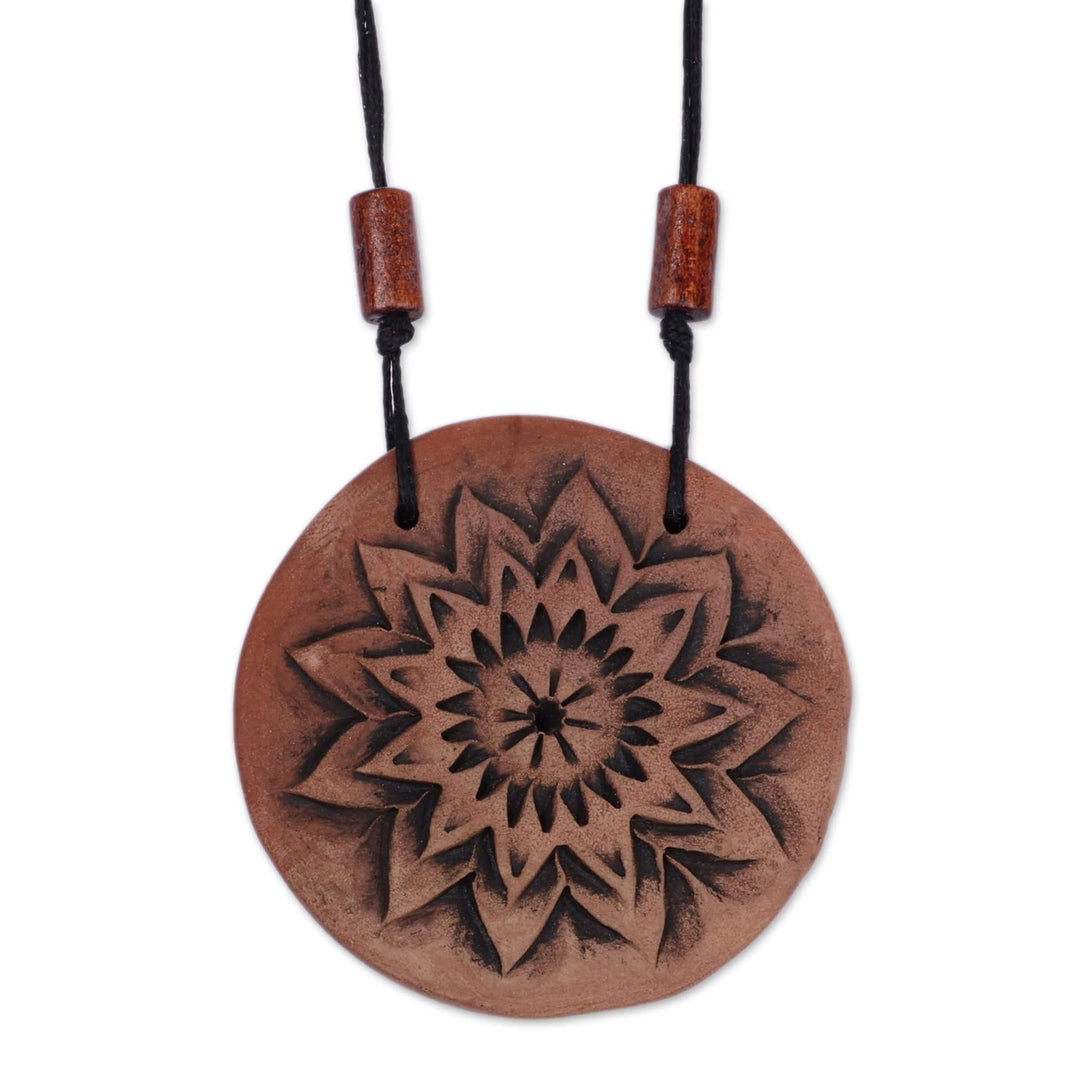 Handmade Floral Ceramic Pendant Necklace in Black and Brown - Flower of Vitality