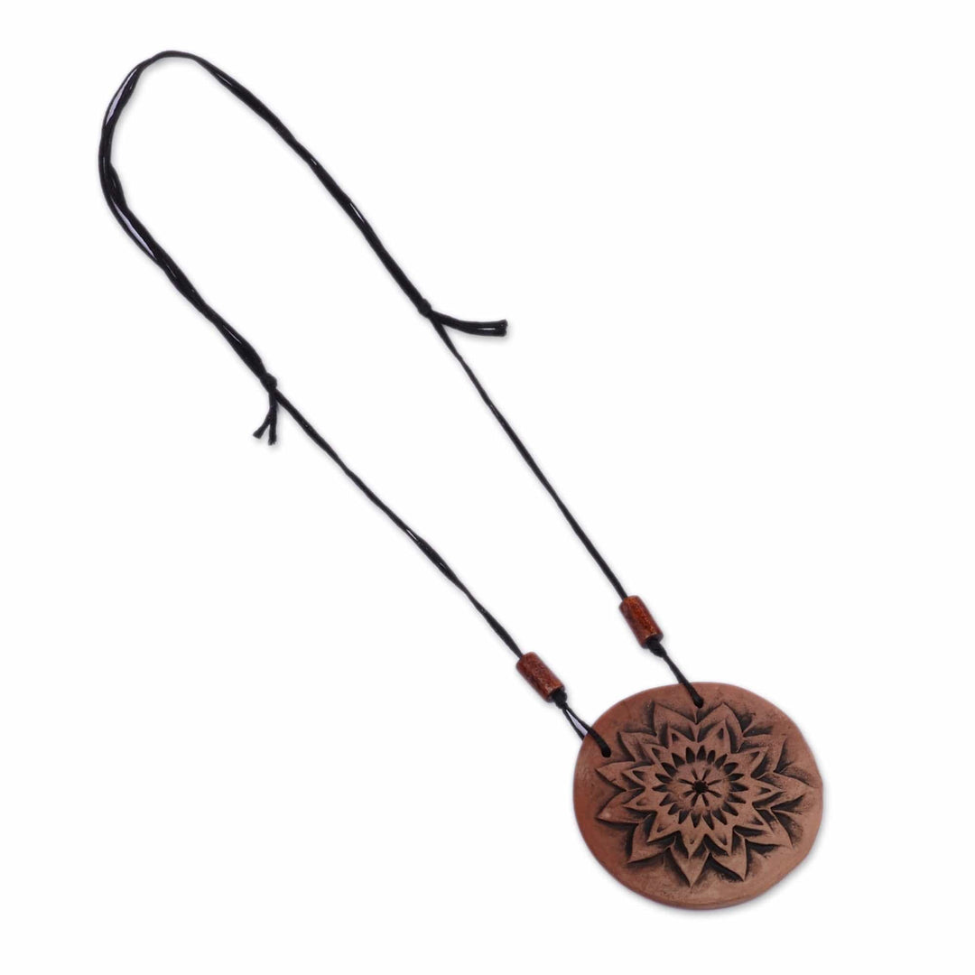 Handmade Floral Ceramic Pendant Necklace in Black and Brown - Flower of Vitality