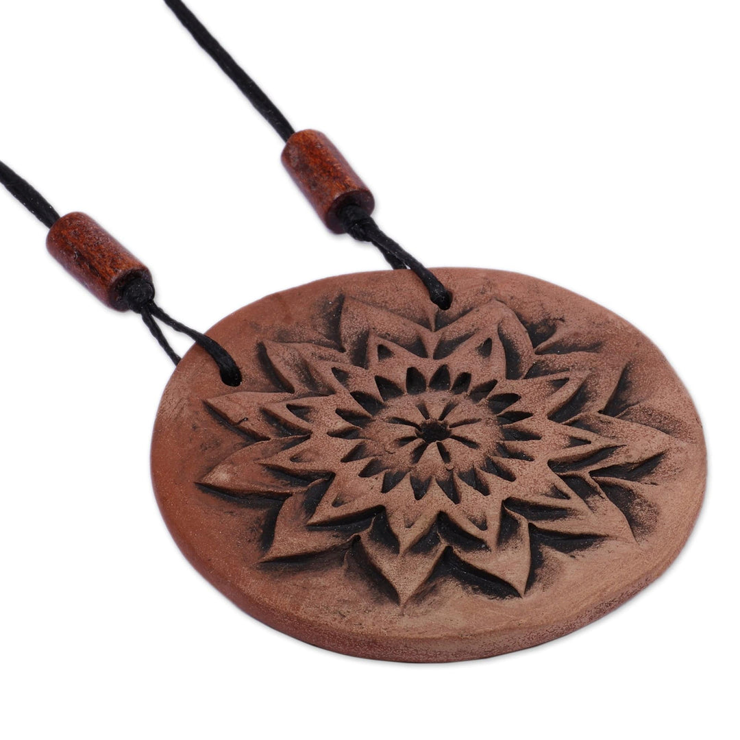 Handmade Floral Ceramic Pendant Necklace in Black and Brown - Flower of Vitality