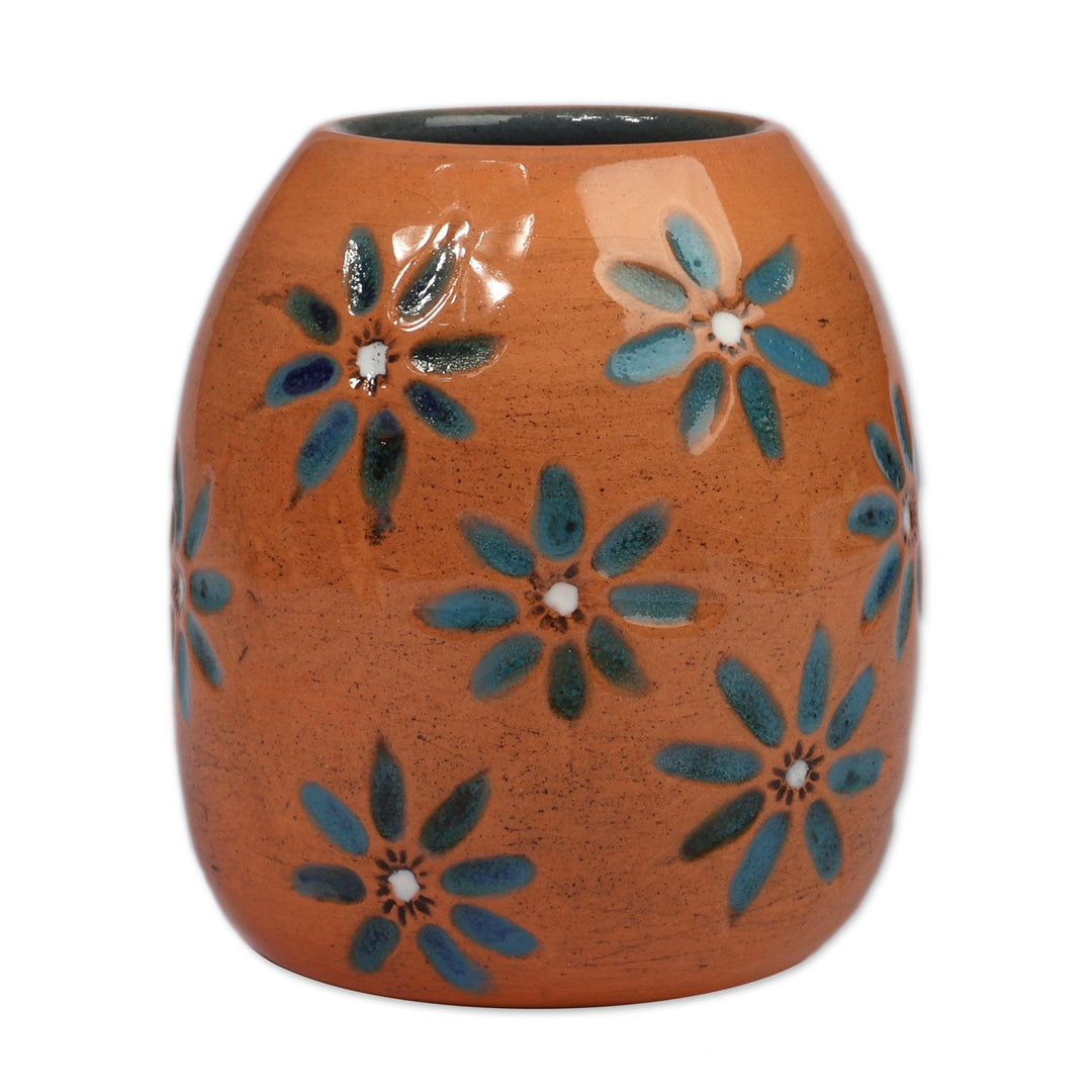 Classic Artisan-Made Floral Azure and Brown Ceramic Vase - Azure Blooms