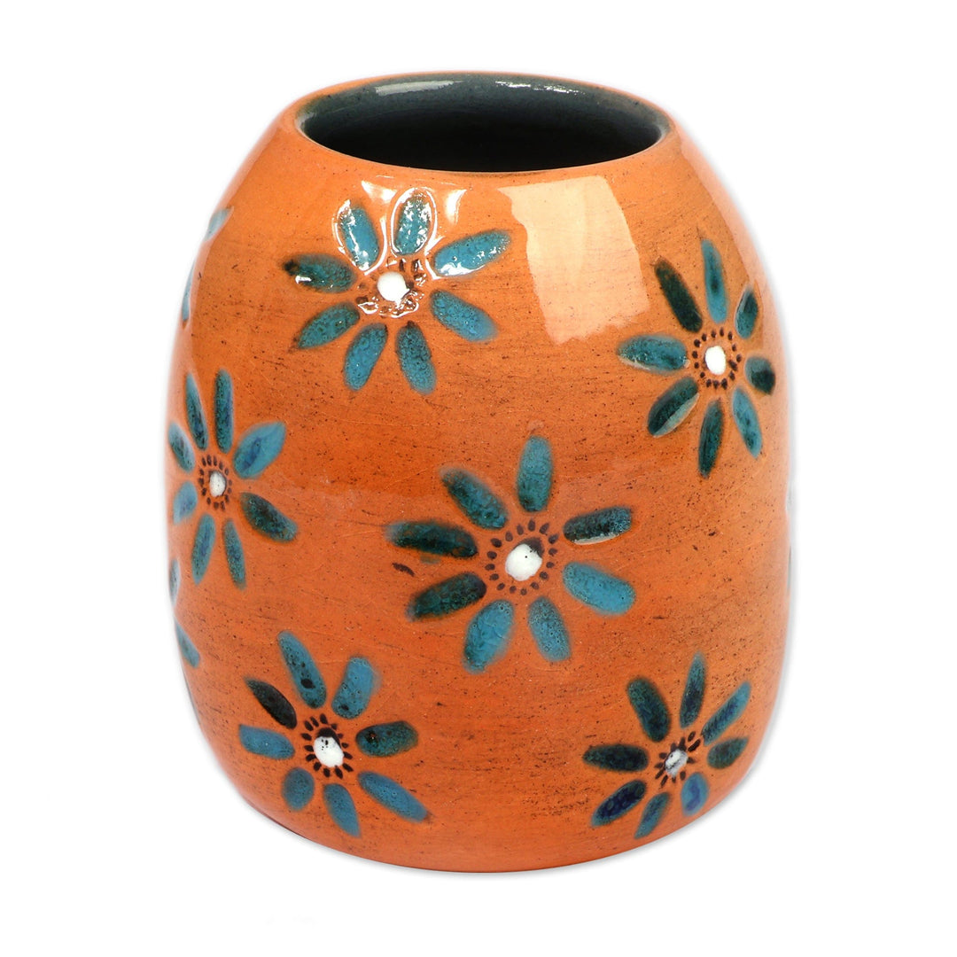 Classic Artisan-Made Floral Azure and Brown Ceramic Vase - Azure Blooms