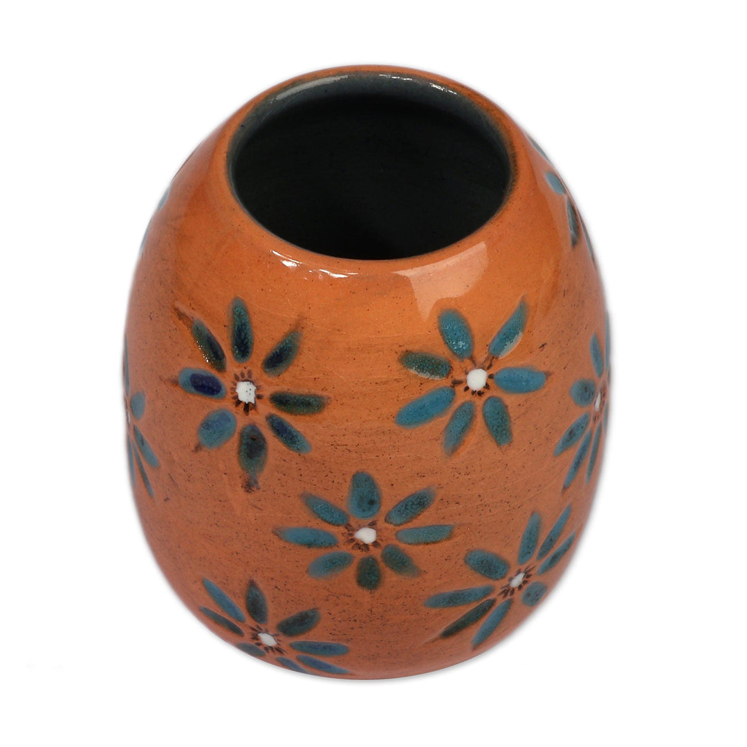 Classic Artisan-Made Floral Azure and Brown Ceramic Vase - Azure Blooms
