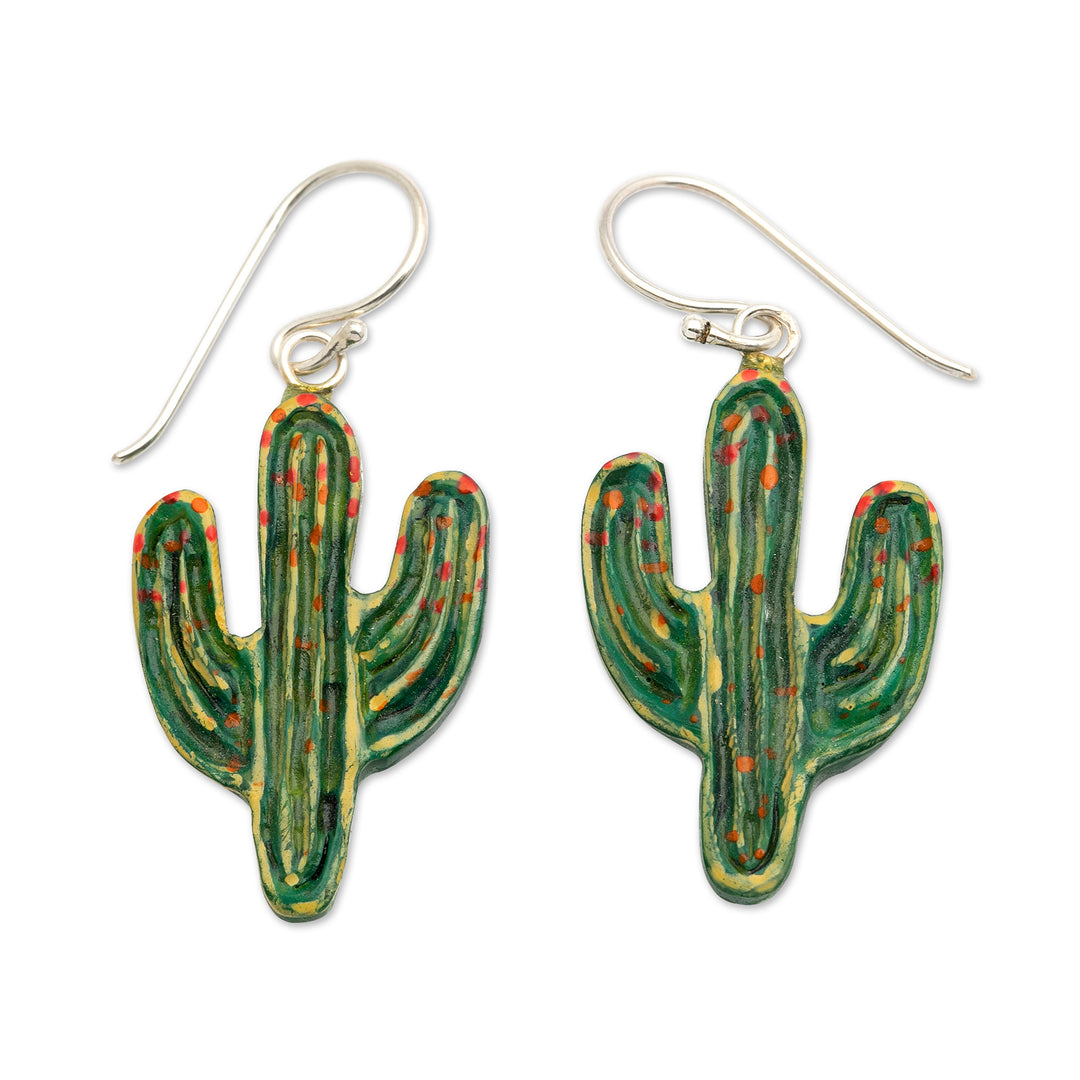 Hand-Painted Cactus-Themed Dangle Earrings Crafted in Bali - Cactus Coquette