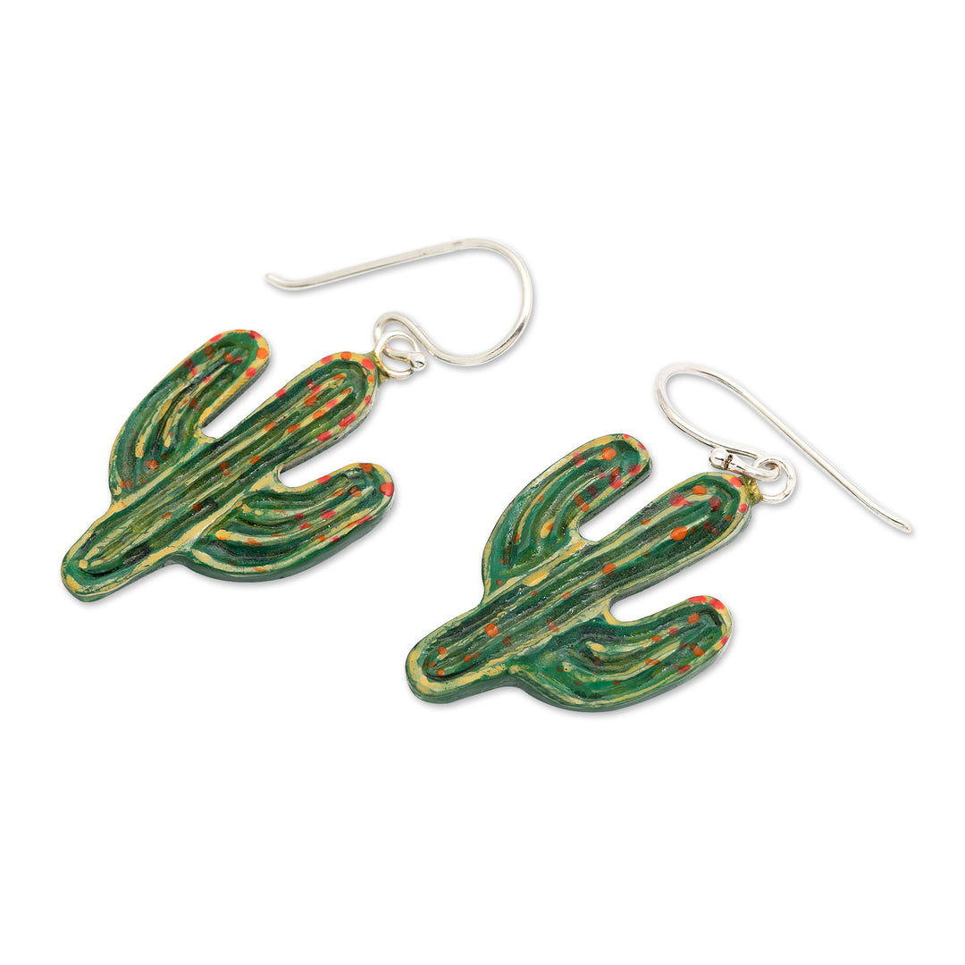Hand-Painted Cactus-Themed Dangle Earrings Crafted in Bali - Cactus Coquette