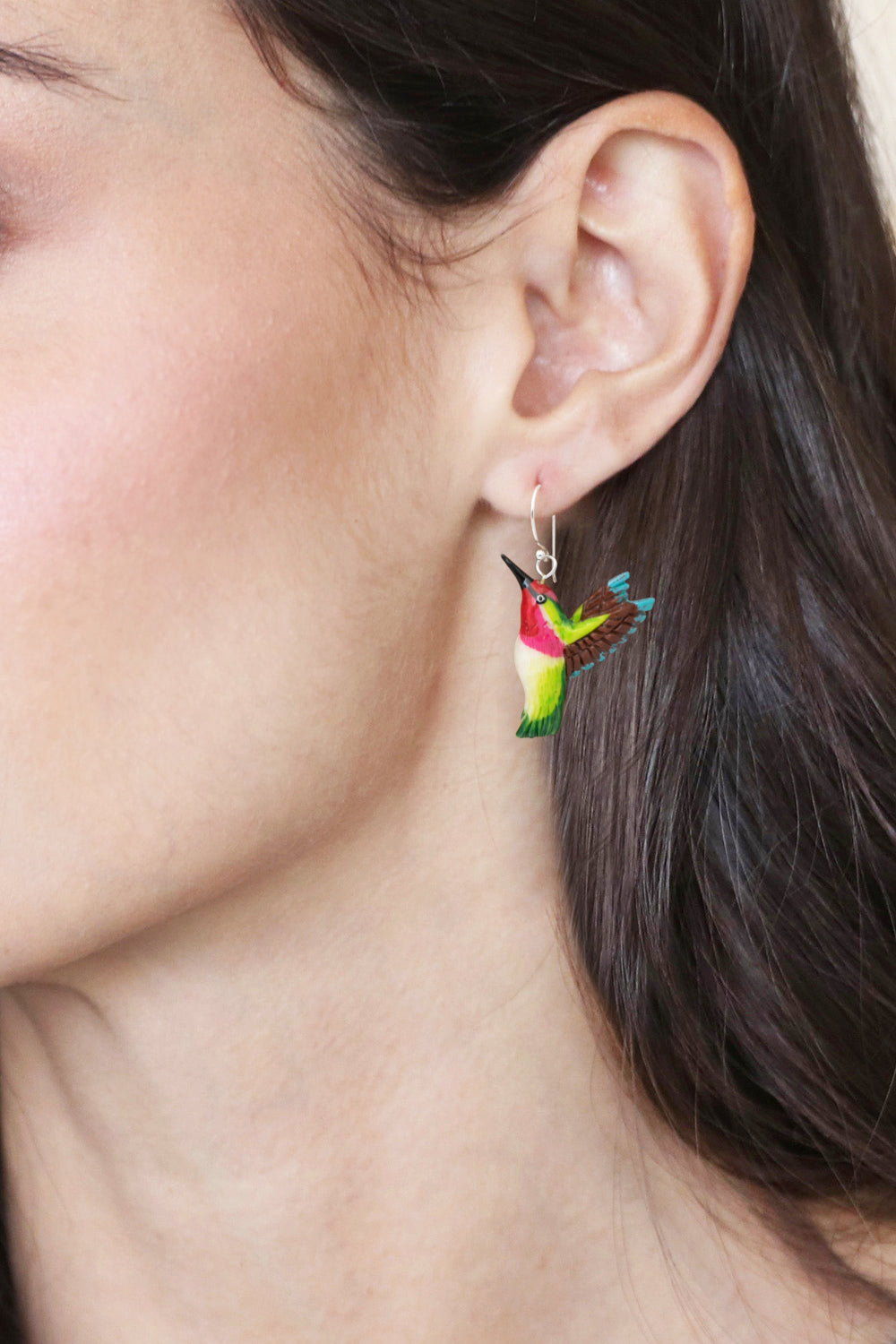 Hummingbird-Themed Hand-Painted Dangle Earrings Made in Bali - Harmonious Feathers