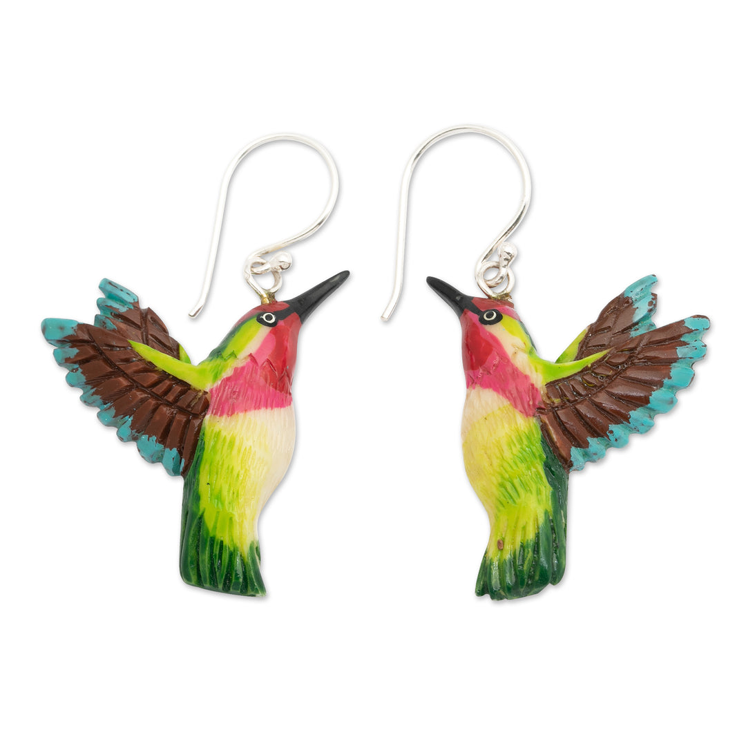 Hummingbird-Themed Hand-Painted Dangle Earrings Made in Bali - Harmonious Feathers