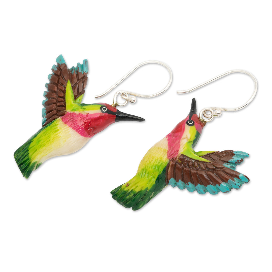 Hummingbird-Themed Hand-Painted Dangle Earrings Made in Bali - Harmonious Feathers