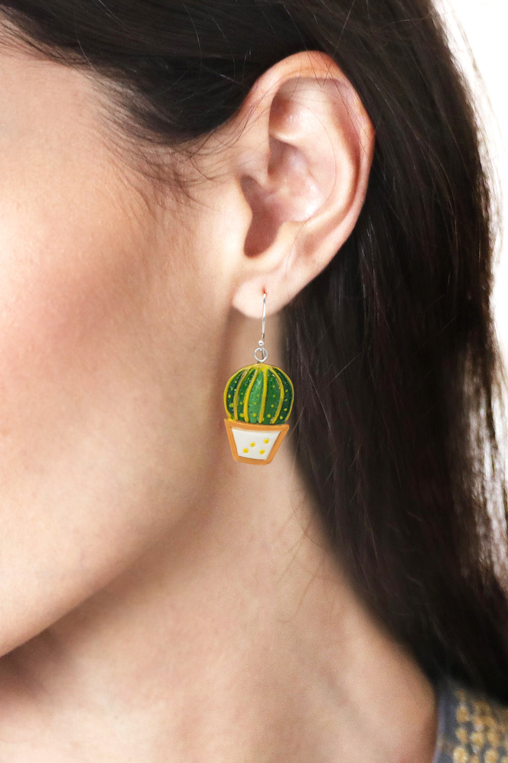Warm-Toned Naïf Cactus-Themed Hand-Painted Dangle Earrings - Classic Cactus
