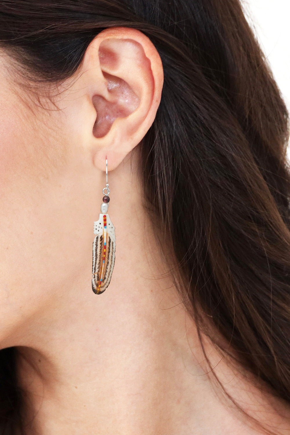 Natural Garnet and Cultured Pearl Feather Dangle Earrings - Rich Feathers