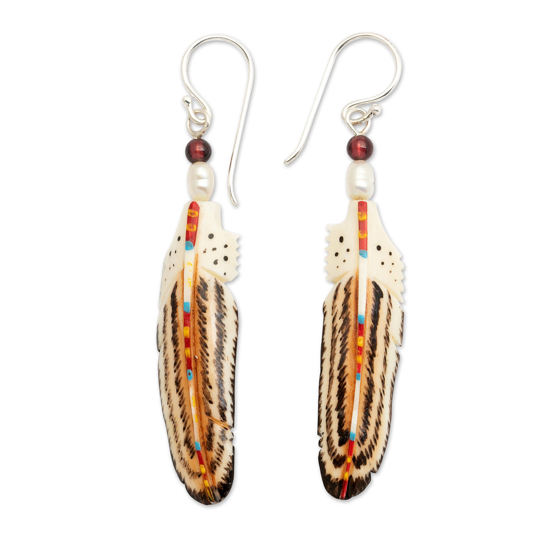 Natural Garnet and Cultured Pearl Feather Dangle Earrings - Rich Feathers