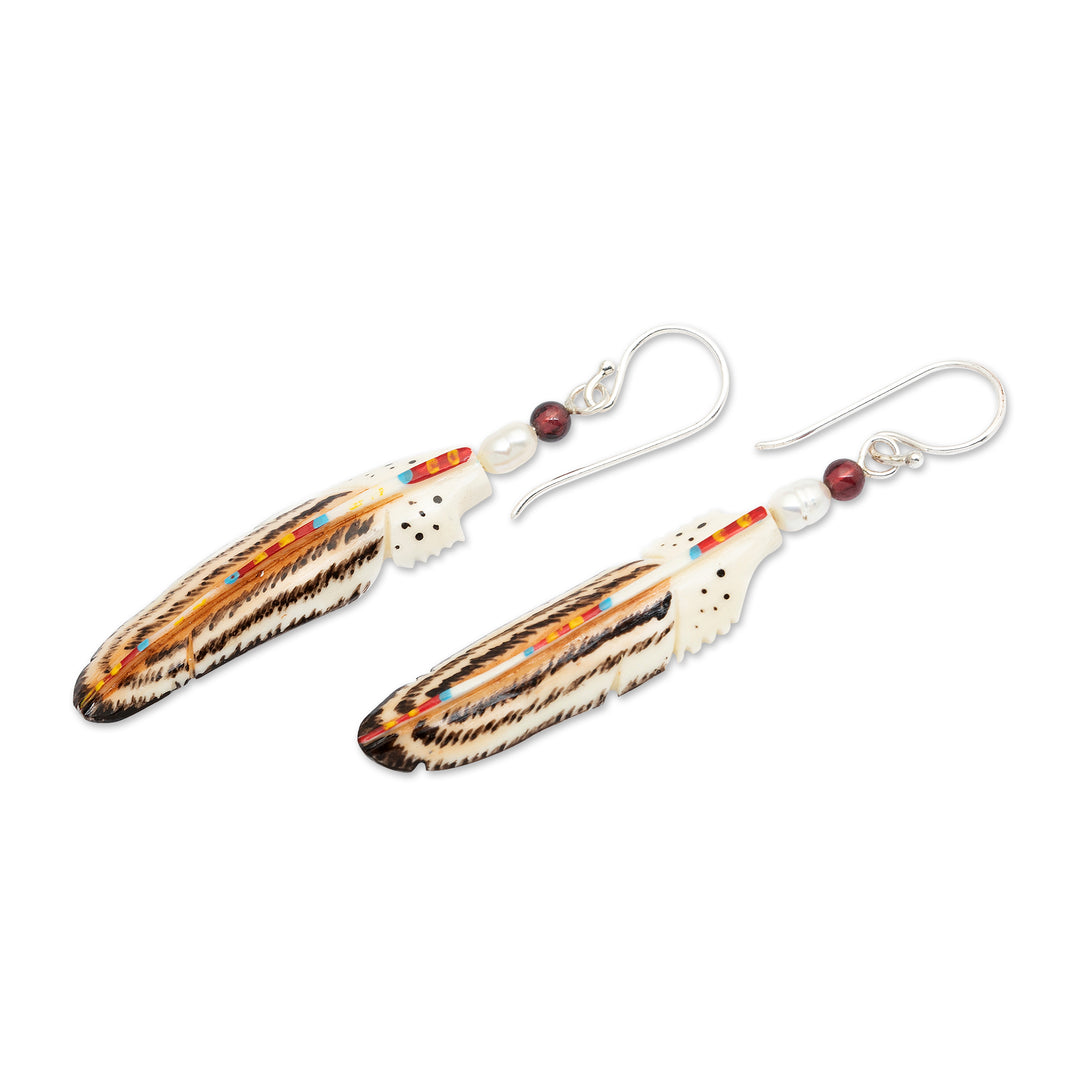 Natural Garnet and Cultured Pearl Feather Dangle Earrings - Rich Feathers