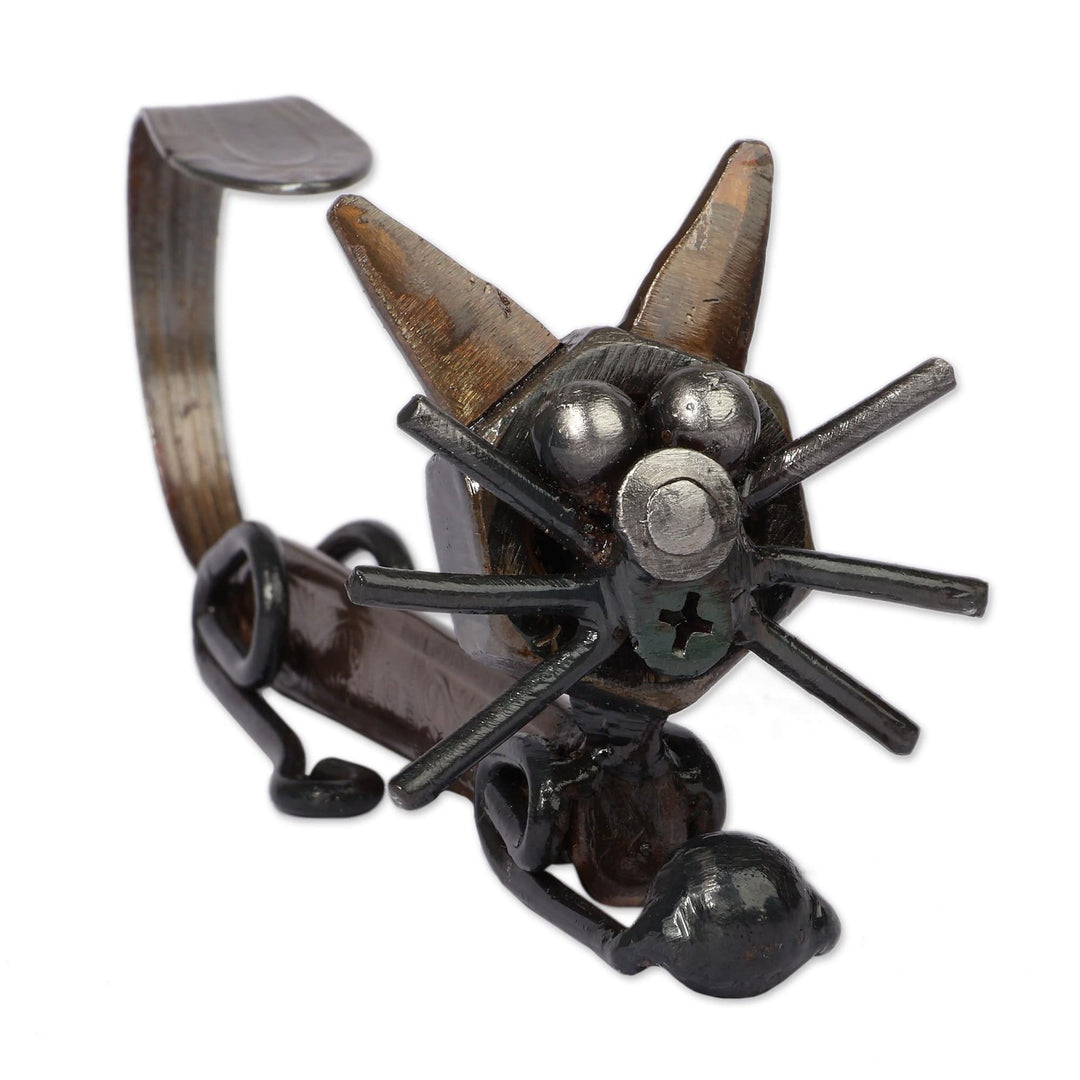 Eco-Friendly Whimsical Cat-Themed Recycled Metal Sculpture - Whiskered Curiosity