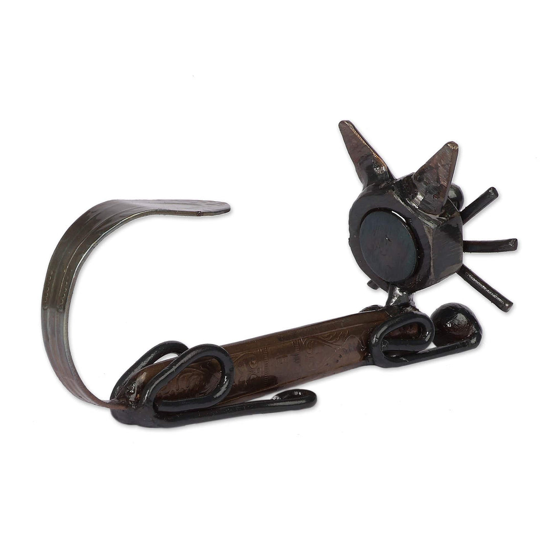 Eco-Friendly Whimsical Cat-Themed Recycled Metal Sculpture - Whiskered Curiosity