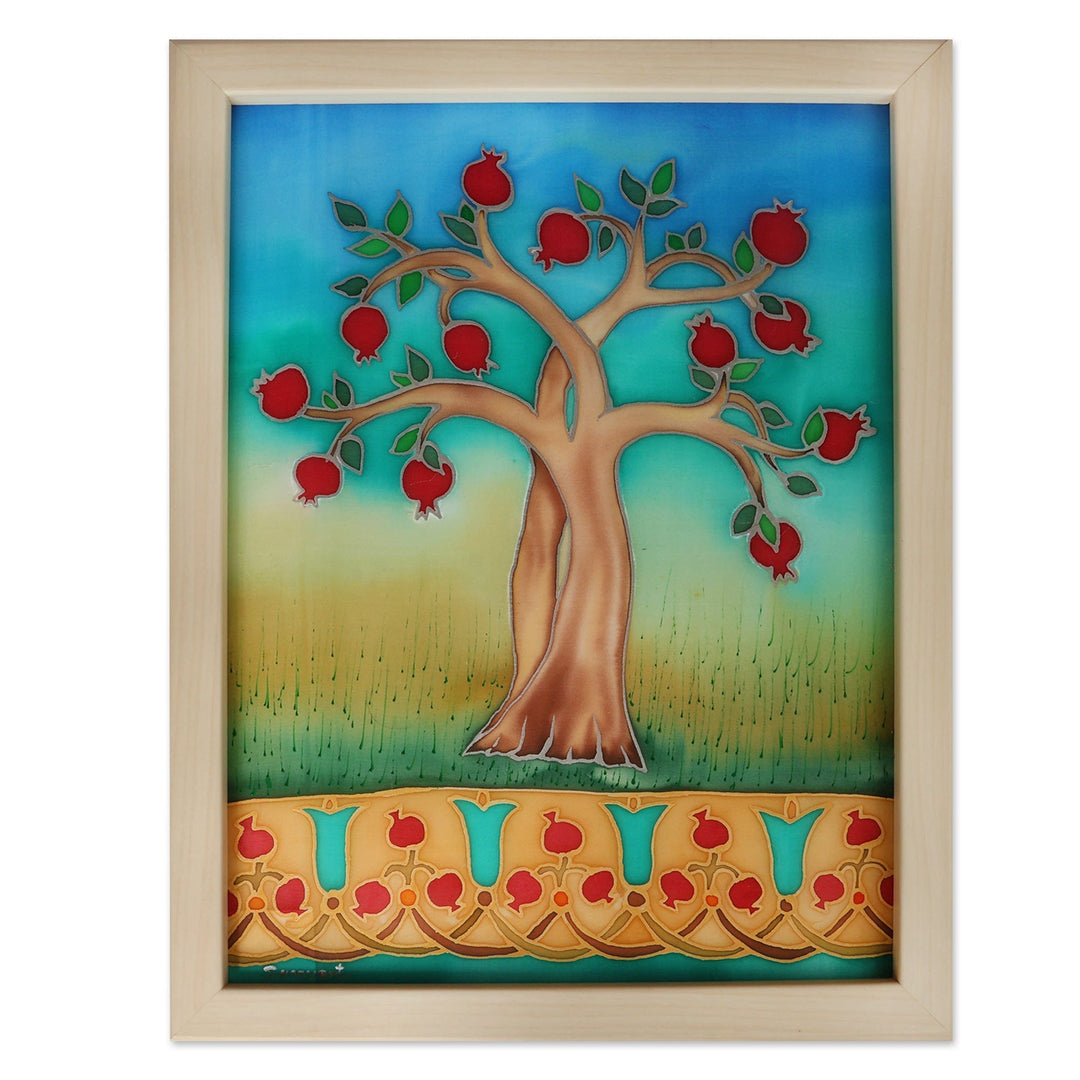 Artisan-Made Pomegranate Tree-Themed Batik Silk Wall Art - Tree of Romance
