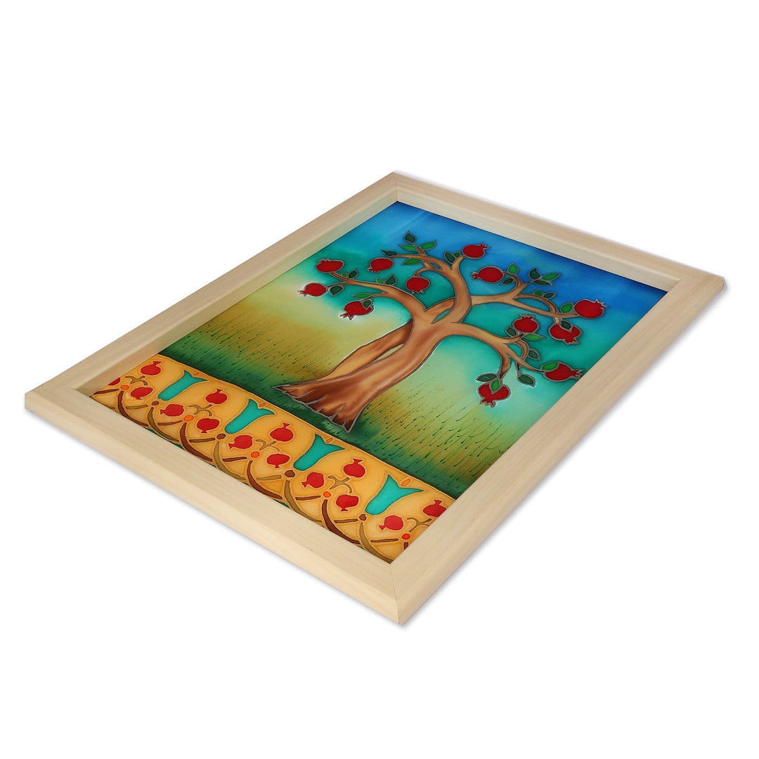 Artisan-Made Pomegranate Tree-Themed Batik Silk Wall Art - Tree of Romance