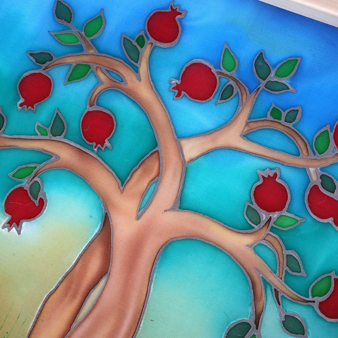 Artisan-Made Pomegranate Tree-Themed Batik Silk Wall Art - Tree of Romance