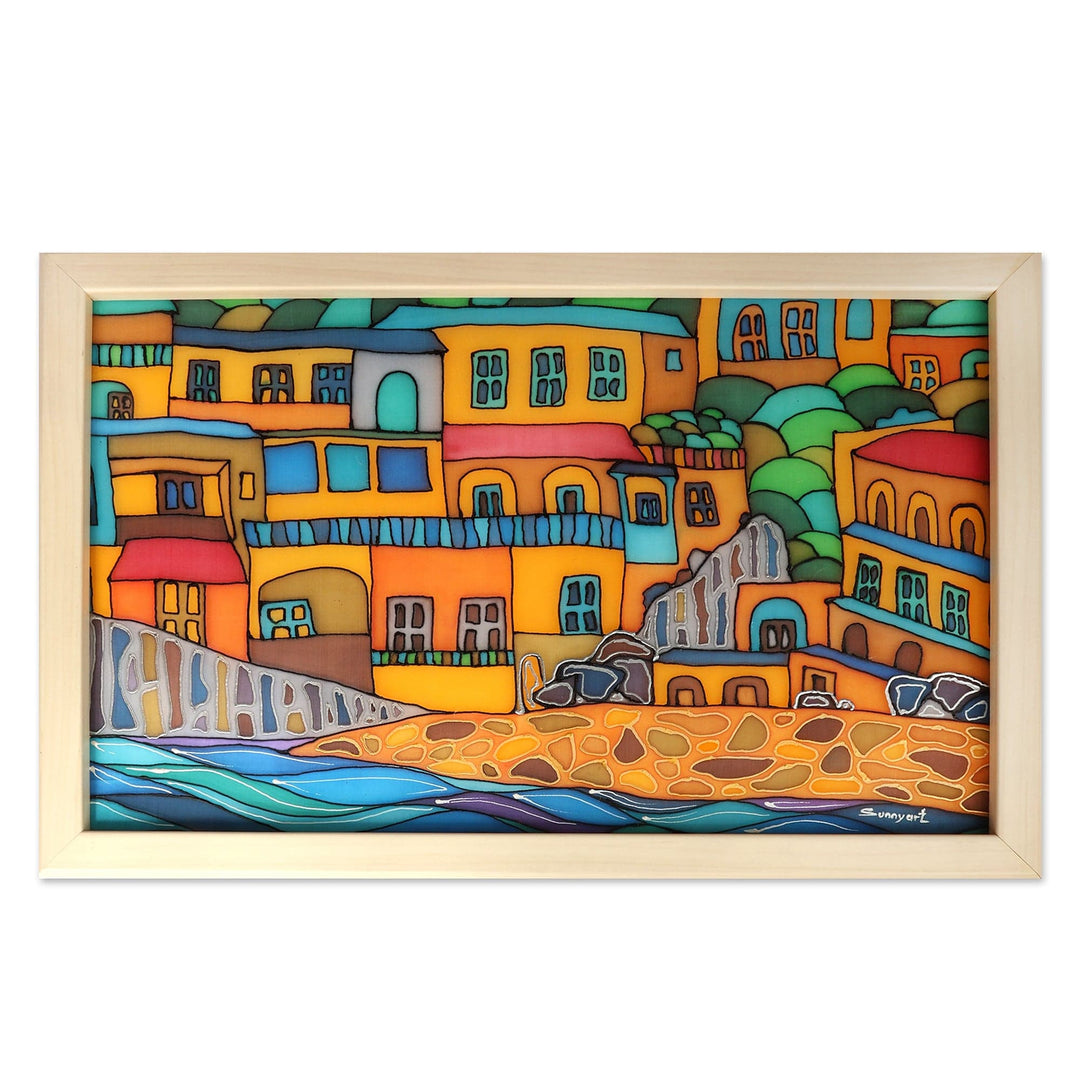 Naif-Themed Positano City Batik Silk Wall Art from Armenia - Positano