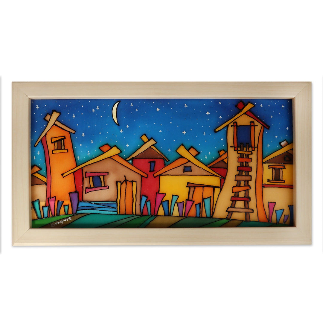 Hand-Painted Framed Batik Silk Wall Art of Armenian Town - The Night
