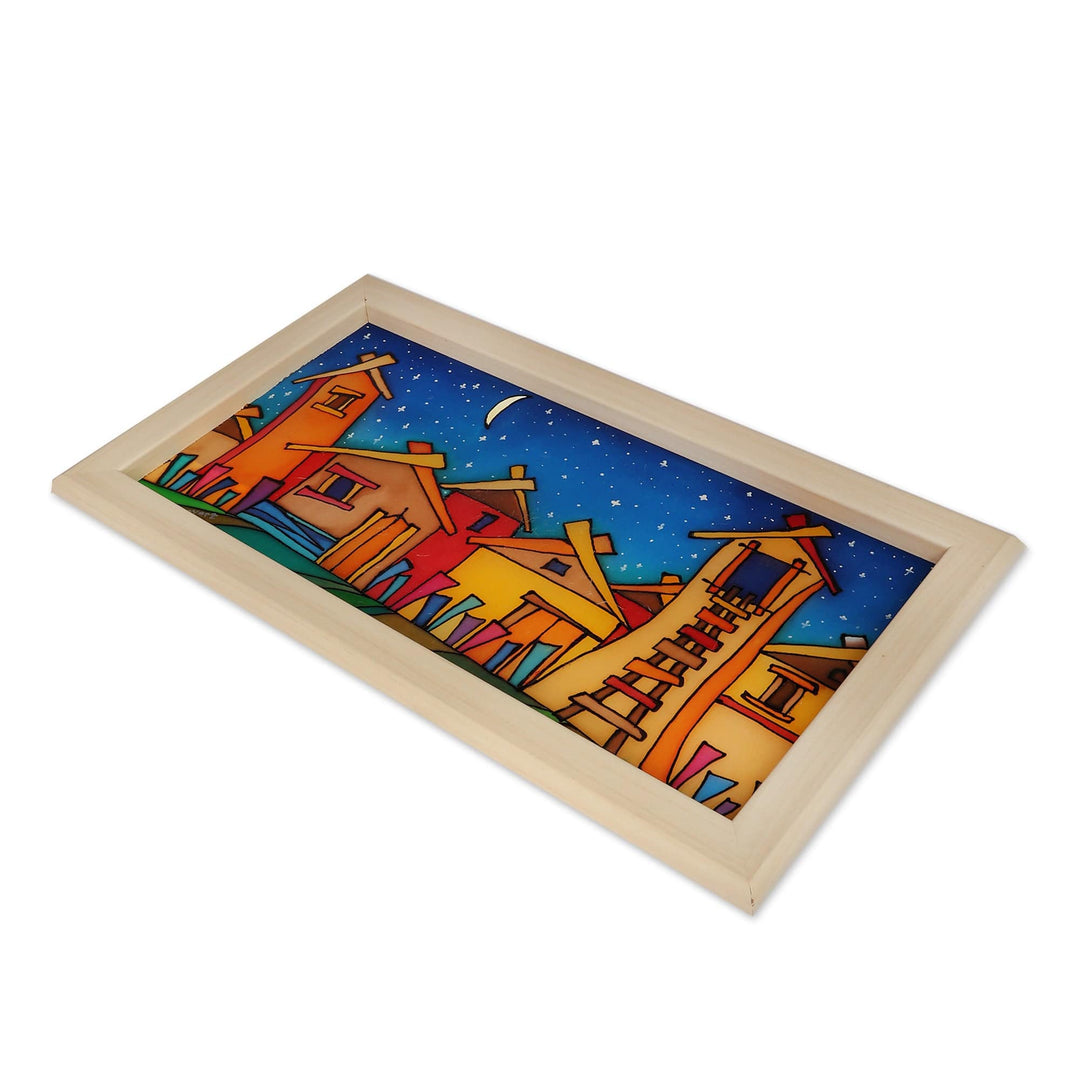 Hand-Painted Framed Batik Silk Wall Art of Armenian Town - The Night