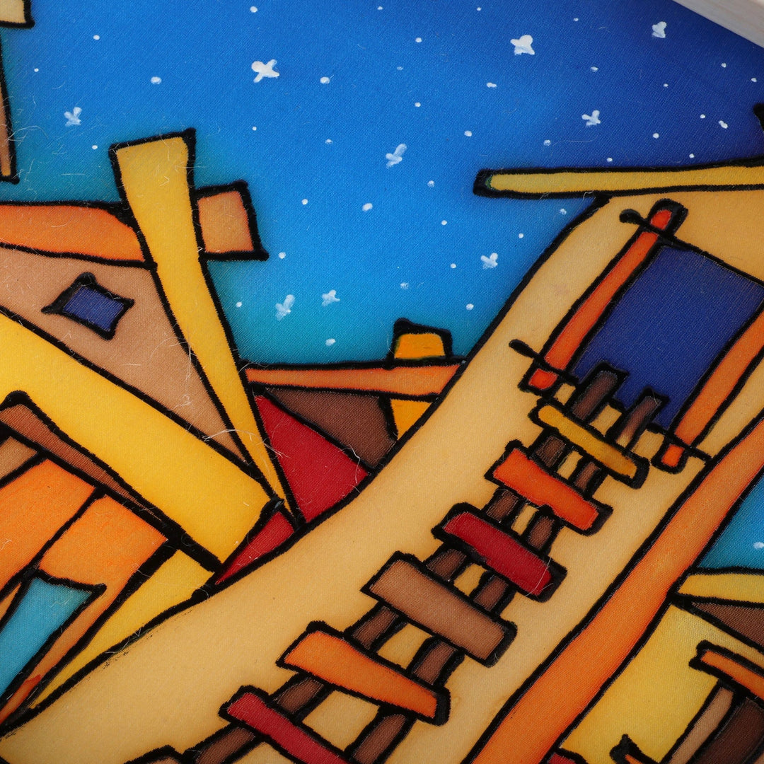Hand-Painted Framed Batik Silk Wall Art of Armenian Town - The Night