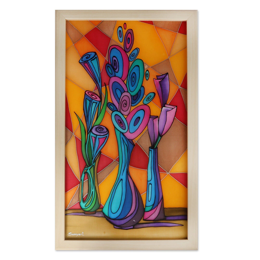 Semi-Abstract Still Life Batik Silk Wall Art with Wood Frame - Still Scape