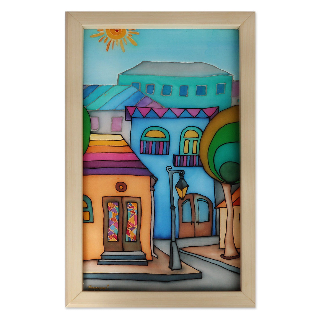 Fair Trade Armenian Cityscape Batik Silk Wall Art with Frame - Fairy Tale City