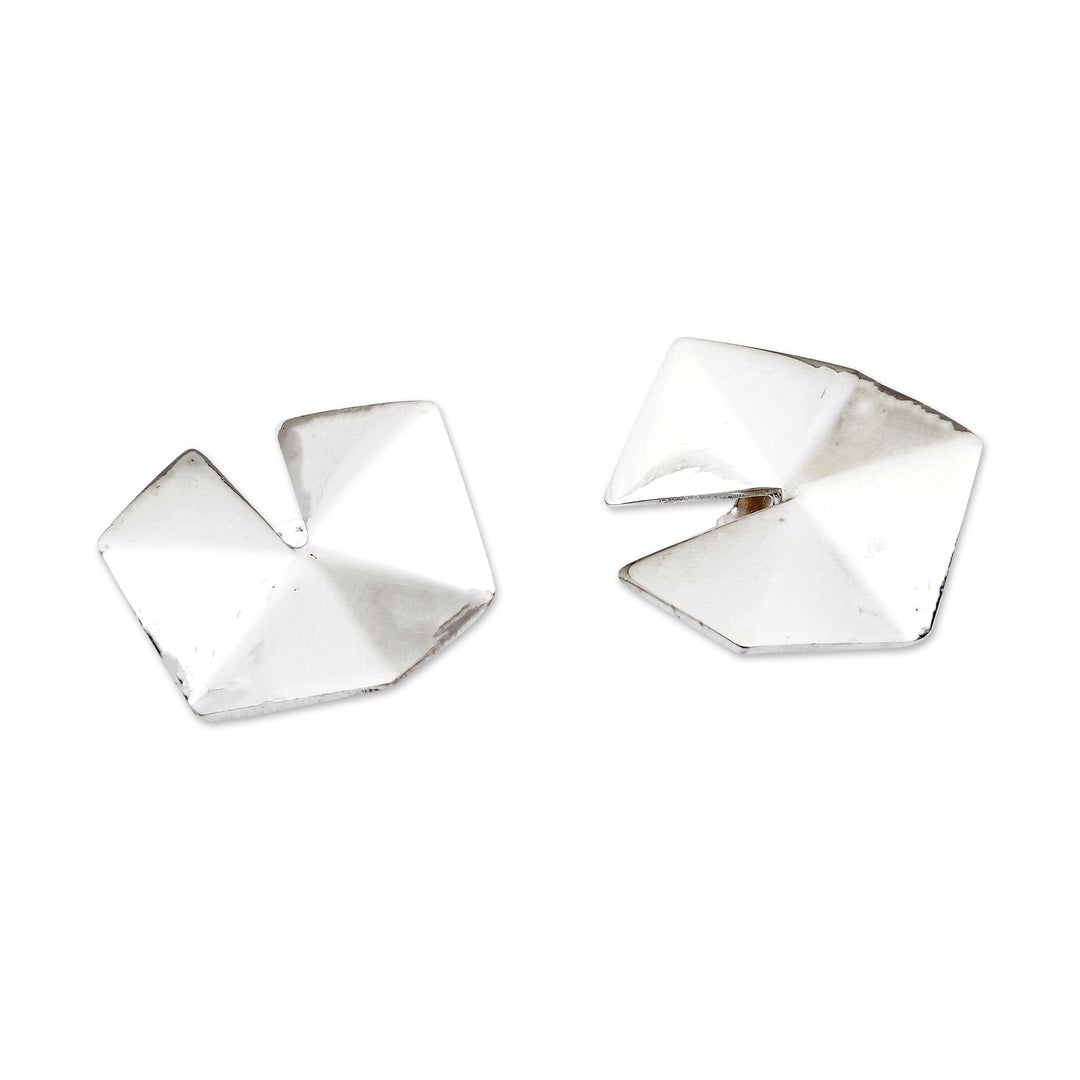 Geometric-Themed Polished Sterling Silver Button Earrings - Sparkling Origami