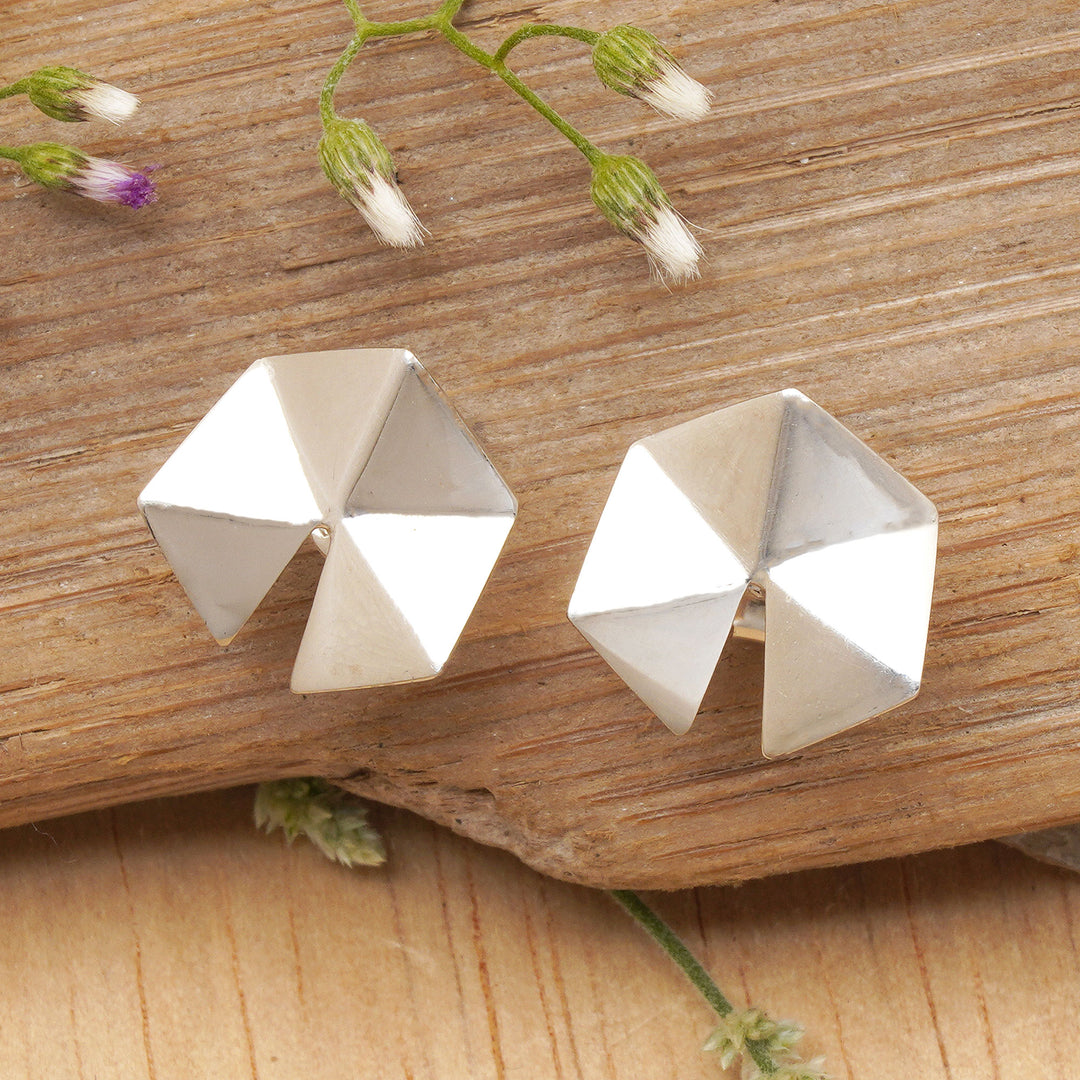 Geometric-Themed Polished Sterling Silver Button Earrings - Sparkling Origami