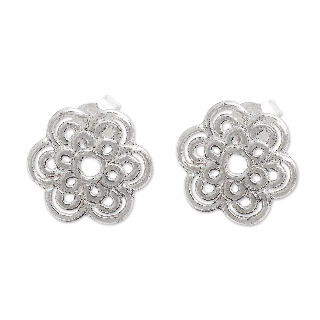 Bloom-Shaped Sterling Silver Button Earrings Made in Bali - Flower of Light