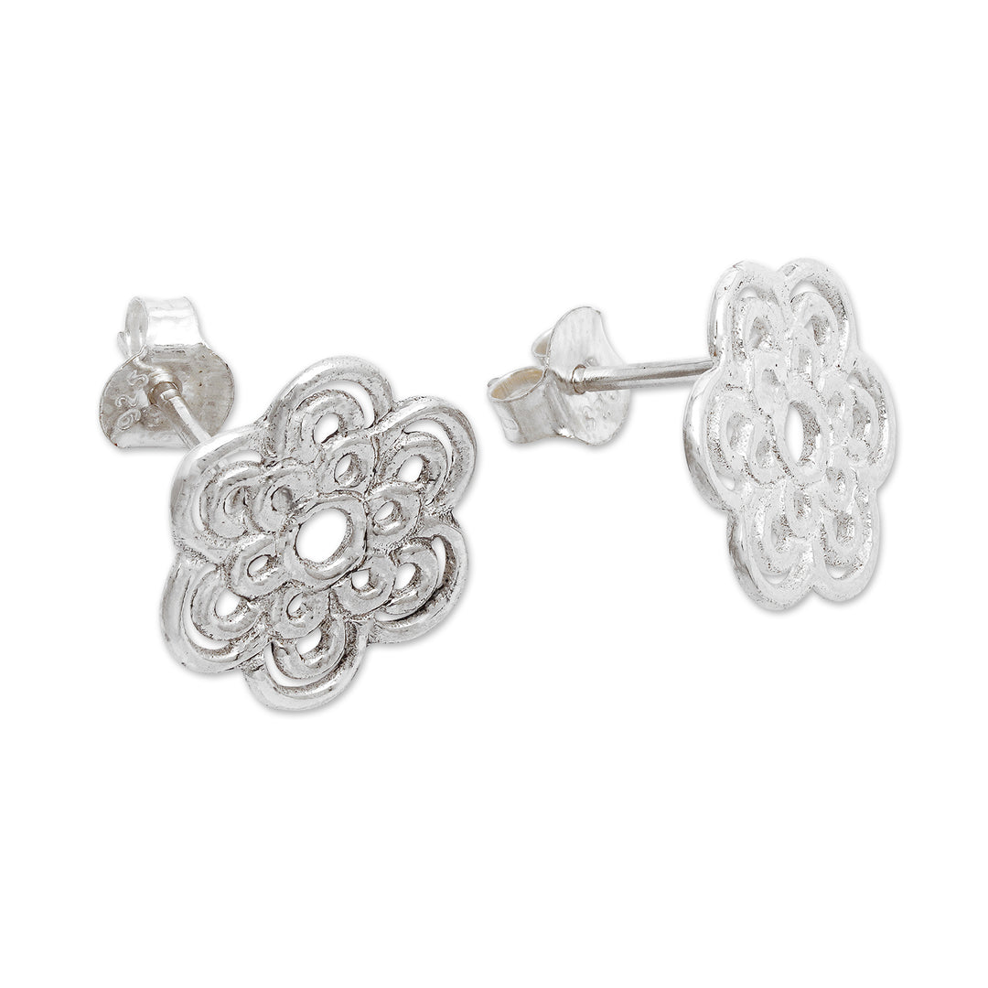 Bloom-Shaped Sterling Silver Button Earrings Made in Bali - Flower of Light