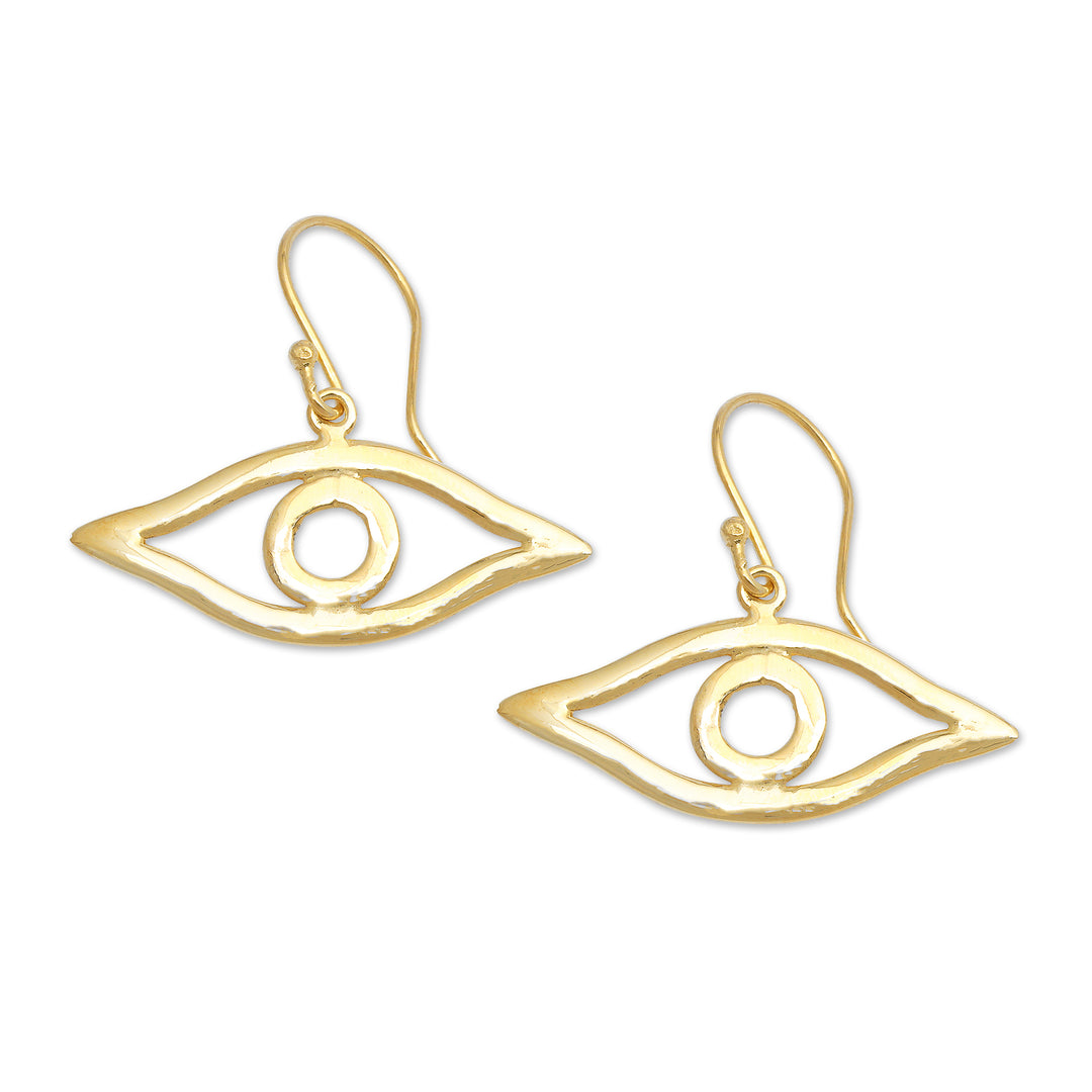 Gold-plated Whimsical Eye-Shaped Dangle Earrings from Bali - Victorious Gaze