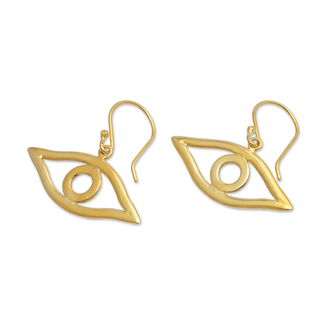 Gold-plated Whimsical Eye-Shaped Dangle Earrings from Bali - Victorious Gaze