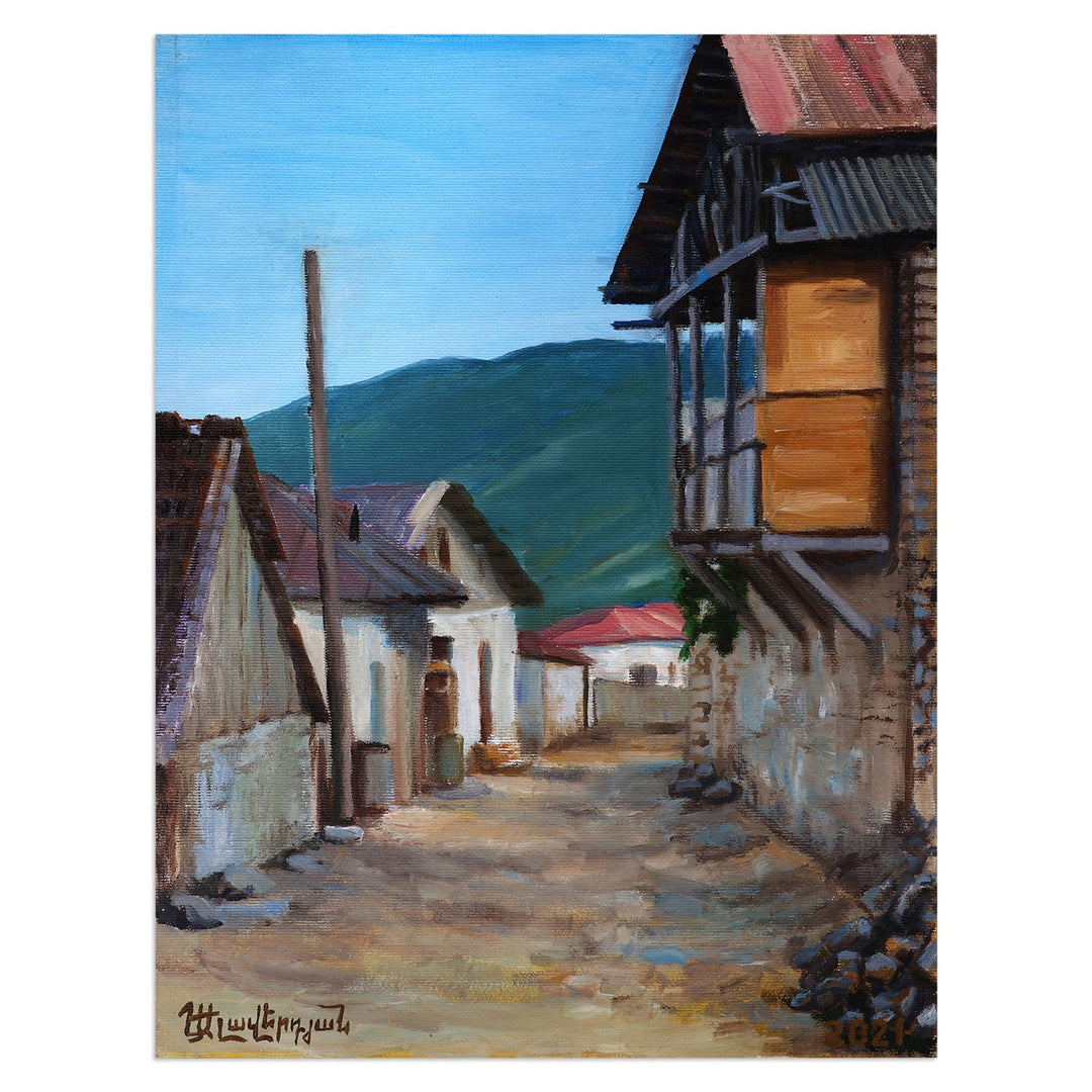 Signed Impressionist Hadrut City Oil on Canvas Painting - Old Quarter of Hadrut I