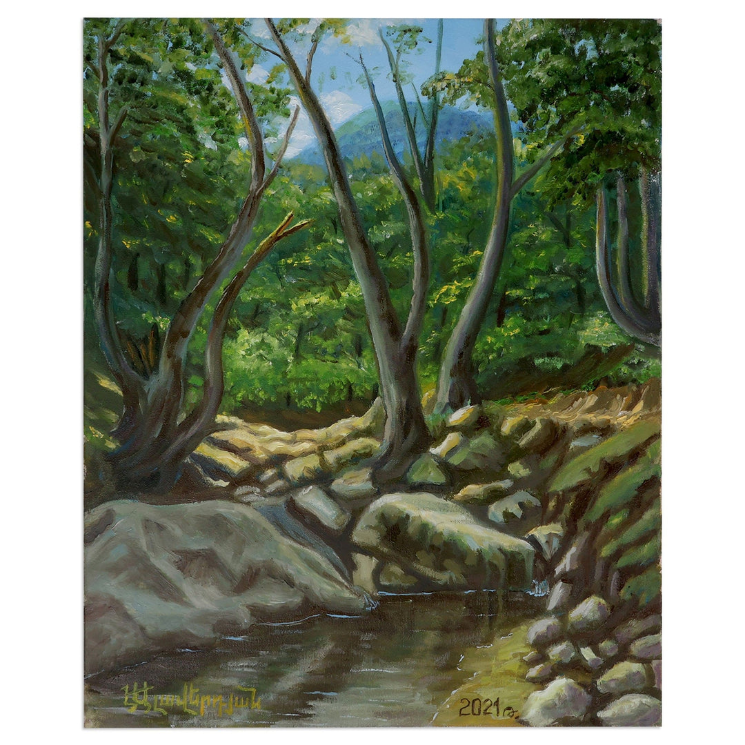Impressionist Style Forest and River Oil on Canvas Painting - The River in the Forest