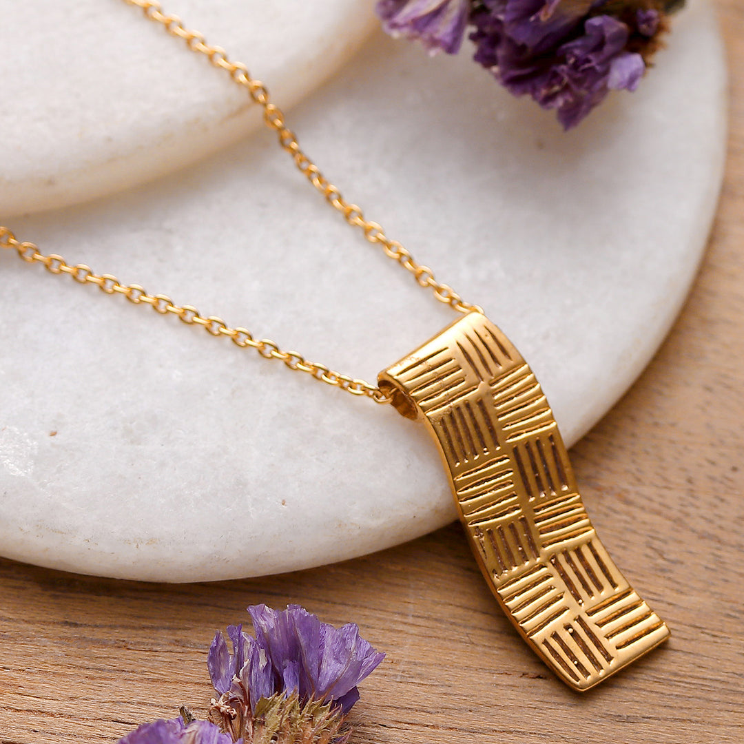 Modern-Inspired Textured Brass Pendant Necklace from India - Gleaming Runway