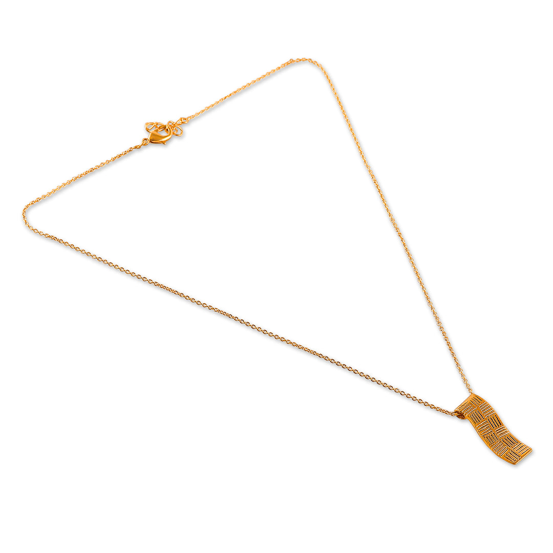 Modern-Inspired Textured Brass Pendant Necklace from India - Gleaming Runway