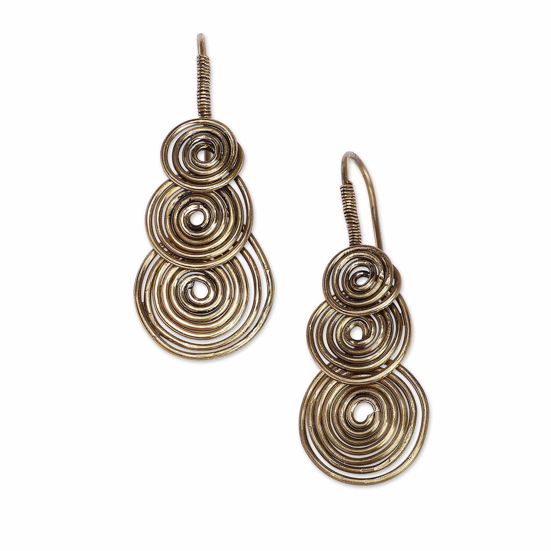 Fair Trade Antiqued Brass Spiral Drop Earrings from Armenia - Triple Illusion