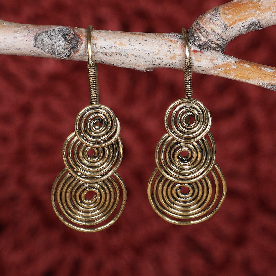 Fair Trade Antiqued Brass Spiral Drop Earrings from Armenia - Triple Illusion
