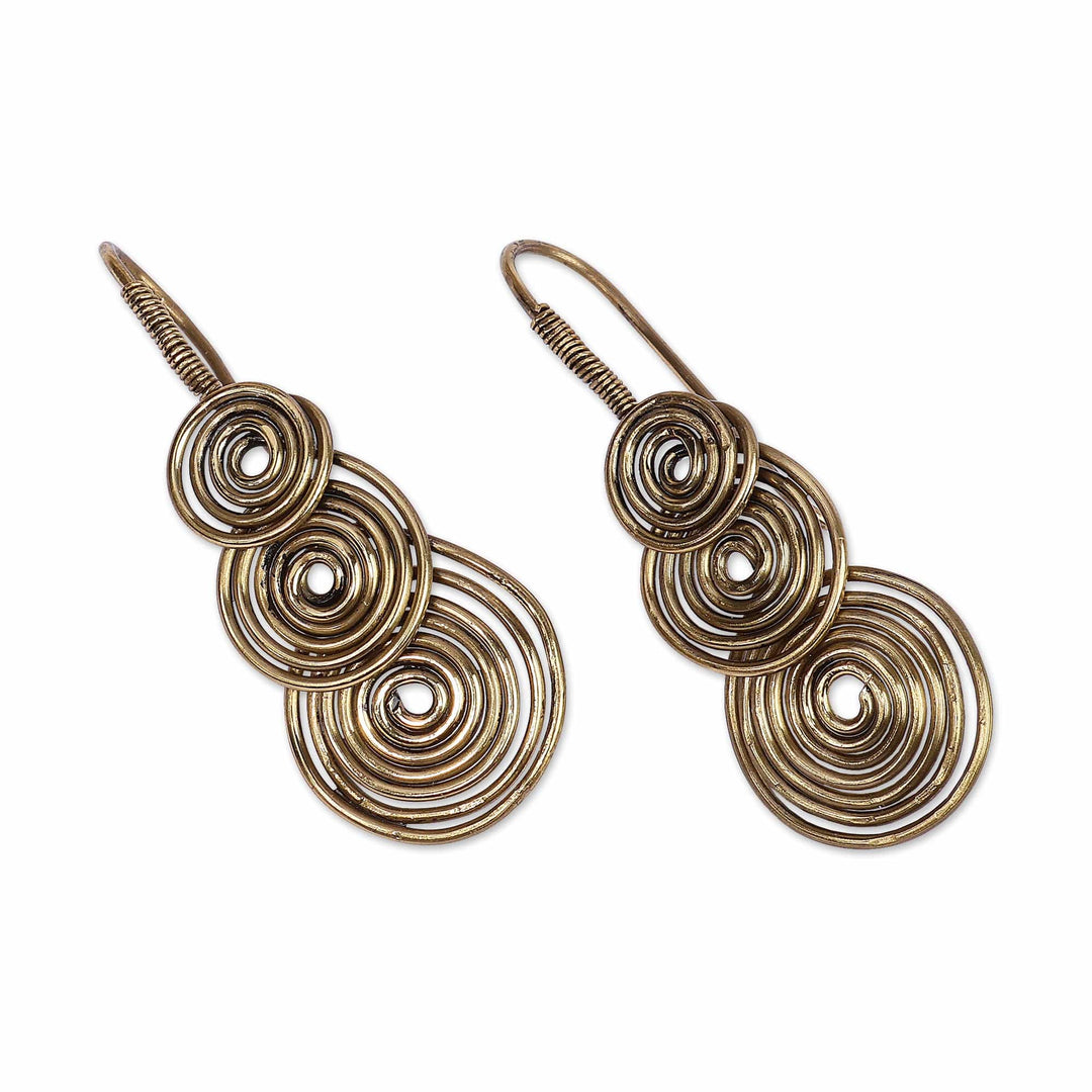 Fair Trade Antiqued Brass Spiral Drop Earrings from Armenia - Triple Illusion