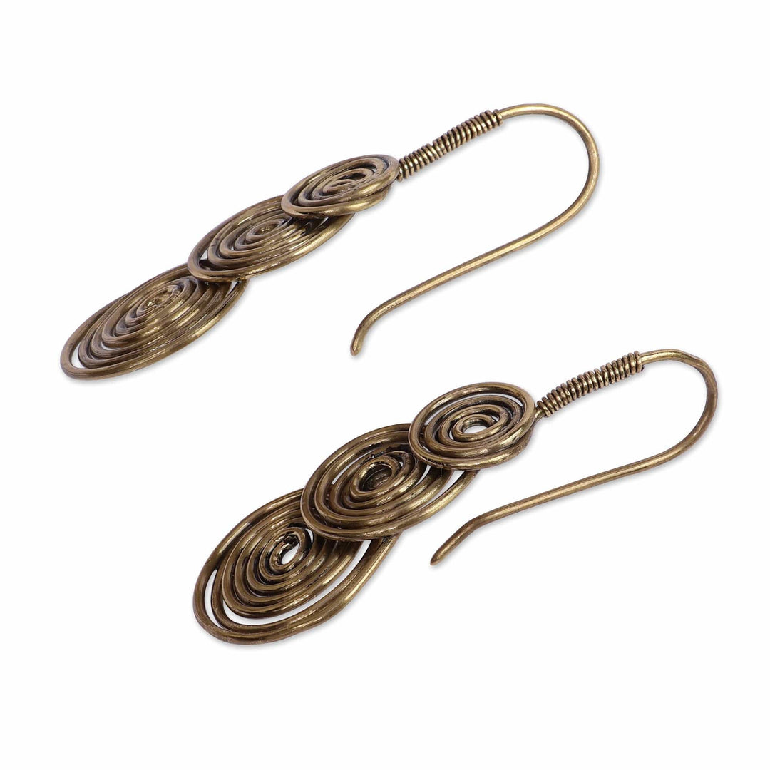 Fair Trade Antiqued Brass Spiral Drop Earrings from Armenia - Triple Illusion