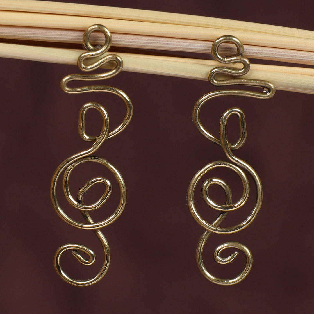 Modern Abstract Treble Clef Themed Brass Drop Earrings - Melody Spiral