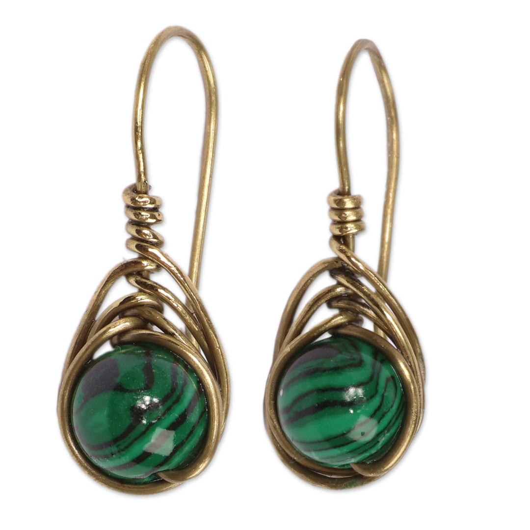 Modern Brass Drop Earrings with Natural Malachite Gemstones - Green Orbs