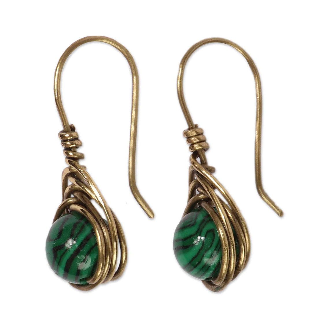 Modern Brass Drop Earrings with Natural Malachite Gemstones - Green Orbs