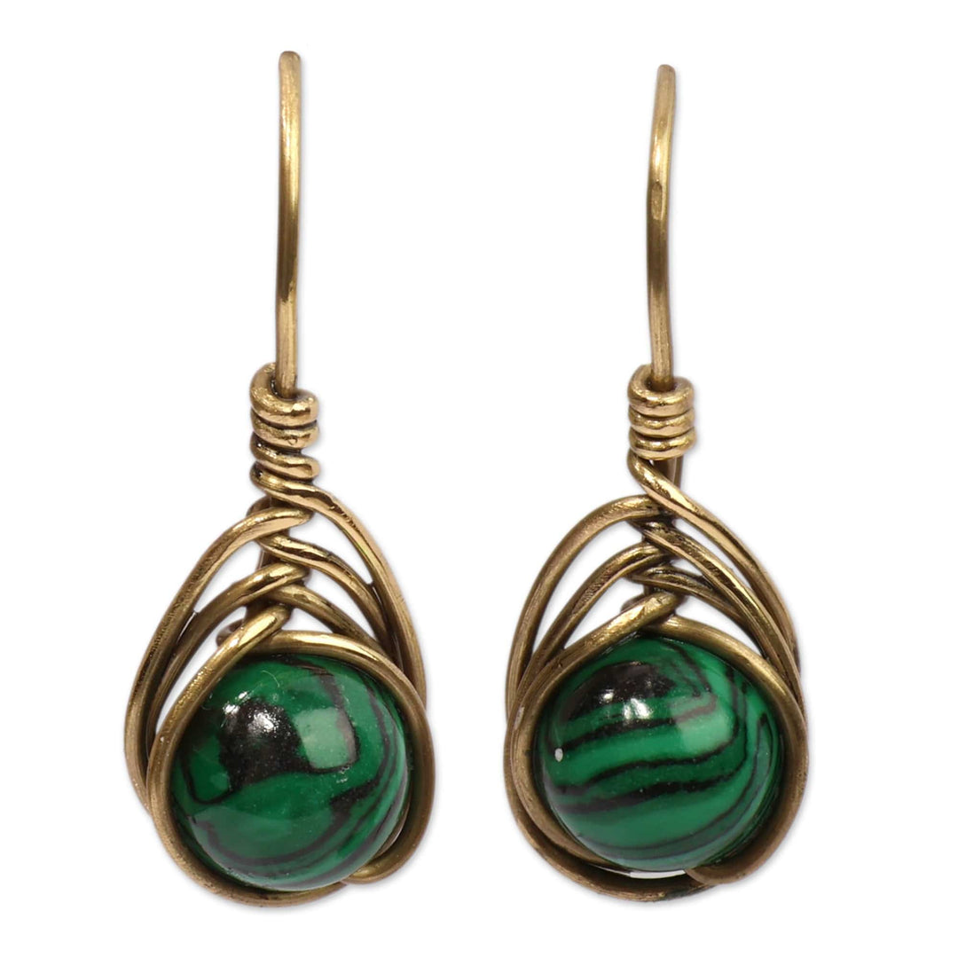 Modern Brass Drop Earrings with Natural Malachite Gemstones - Green Orbs