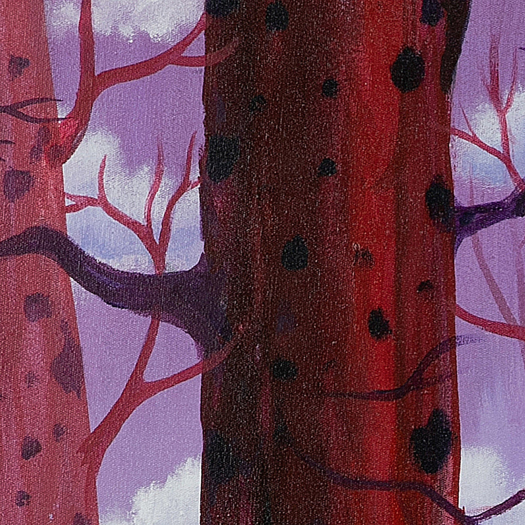 Acrylic Painting of Autumn Trees in Purple Pink and Black - Forest of Life