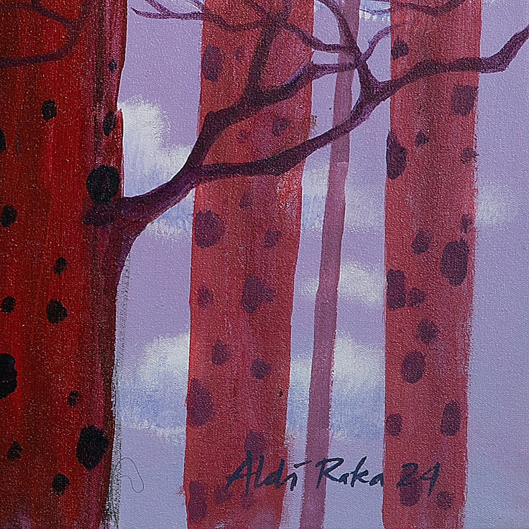 Acrylic Painting of Autumn Trees in Purple Pink and Black - Forest of Life