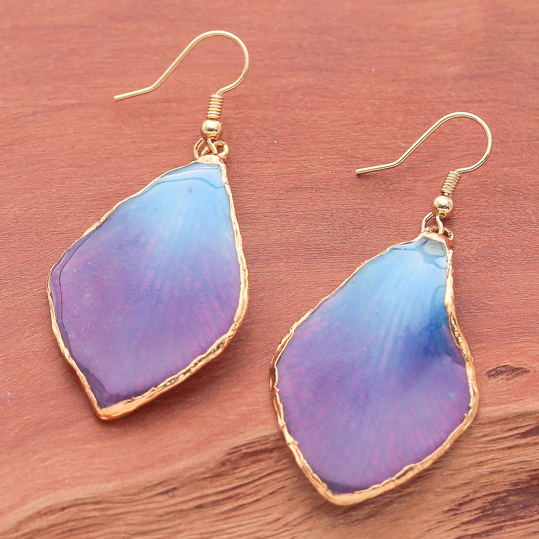 Blue and Purple Orchid 22k Gold-Accented Dangle Earrings - Oneiric Petal